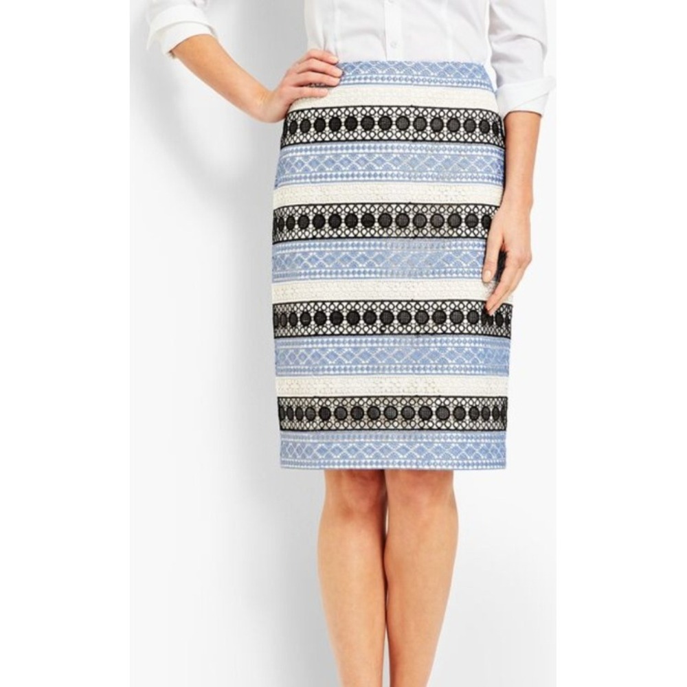 Talbots Petites‎ Skirt Blue White Black Embroidered Pencil Striped Size 8P